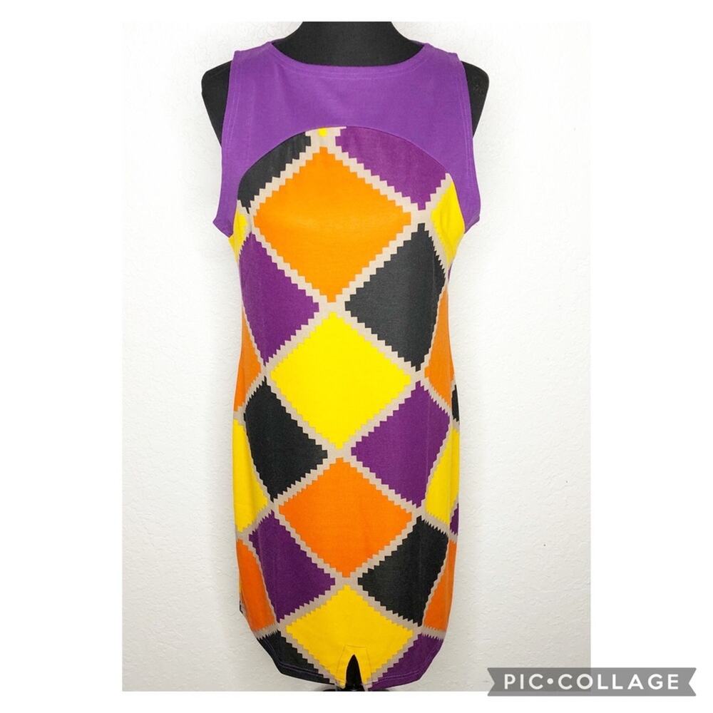 Tracy Negoshian Joan Jagged Diamonds purple orange gold shift dress Large‎ NWOT